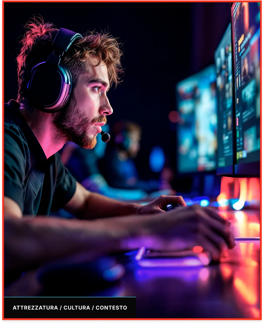 Due giovani gamer giocano insieme con controller e cuffie in un ambiente illuminato da luci colorate